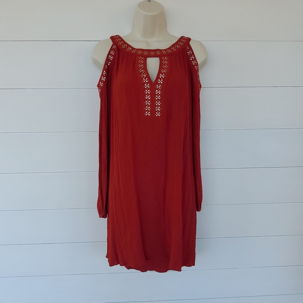 KNOX ROSE Boho Red Dress Cold Shoulder Siz…